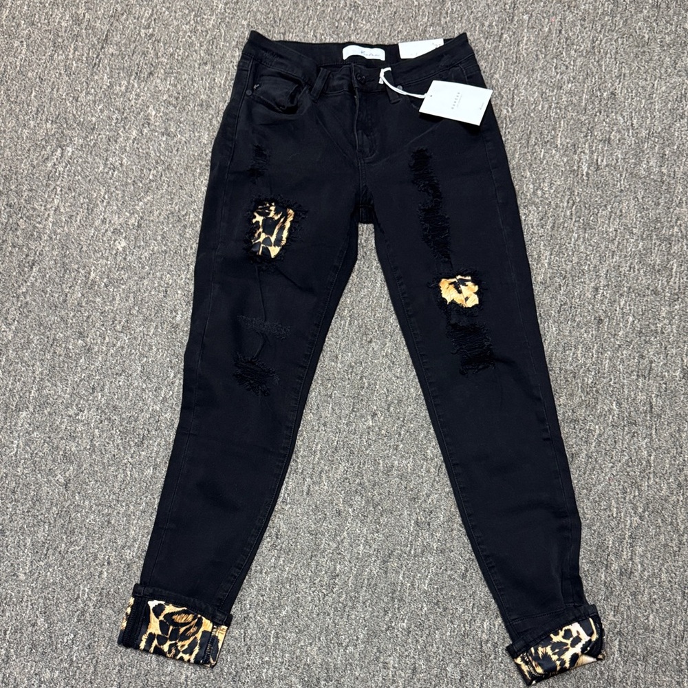 KanCan Black Distressed Jeans with Leopard Accents